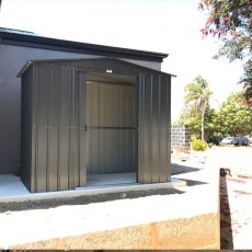 insitu showing double door opening on the 8x3 Lotus Metal Shed in Anthracite Grey