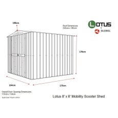 8x6 Lotus Apex Storage Mobility Metal Shed in Anthracite Grey - dimensions