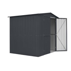 isolated showing one of the double doors open on the 8x6 Lotus Apex Storage Mobility Metal Shed in A