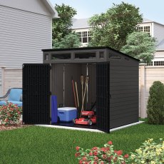 7x7 Suncast Modernist Pent Plastic Shed - insitu with doors open