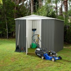 7x5 Mercia Absco Regent Metal Shed in Woodland Grey - insitu wit door open