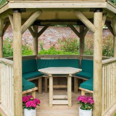 3m Forest Premium Hexagonal Gazebo with Timber Roof - showing furnishing and green cushions