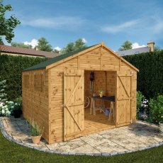 10x10 Mercia Premium Shiplap Apex Workshop - in situ, front view, doors open
