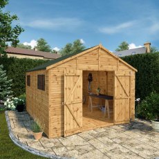 12x10 Mercia  Mercia Premium Shiplap Apex Workshop - in situ, angle view, doors open