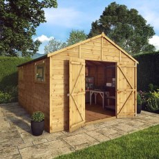 14x10 Mercia  Mercia Premium Shiplap Apex Workshop - in situ, angle view, doors open