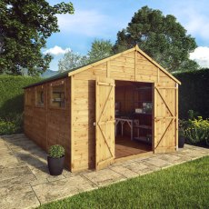 15x10 Mercia  Mercia Premium Shiplap Apex Workshop - in situ, angle view, doors open