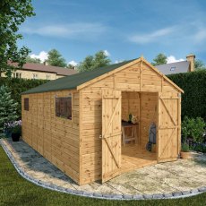 16x10 Mercia Premium Shiplap Apex Workshop - in situ, angle view, doors open