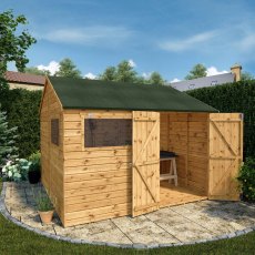 10x10 Mercia Premium Shiplap Reverse Apex Workshop, in situ, doors open