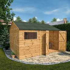 12x10 Mercia Premium Shiplap Reverse Apex Workshop - in situ, angle view, doors open