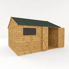 12x10 Mercia Premium Shiplap Reverse Apex Workshop - isolated angle view, doors open