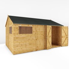 14x10 Mercia Premium Shiplap Reverse Apex Workshop - isolated angle view, doors open