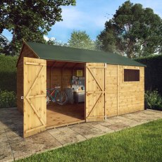 14x10 Mercia Premium Shiplap Reverse Apex Workshop - in situ, angle view, doors open
