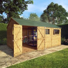 15x10 Mercia  Mercia Premium Shiplap Reverse Apex Workshop - in situ, angle view, doors open