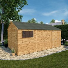 16x10 Mercia Premium Shiplap Reverse Apex Workshop - in situ, angle view, doors closed
