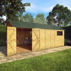 18x10 Mercia Premium Shiplap Reverse  Apex Workshop - in situ, angle view, doors open
