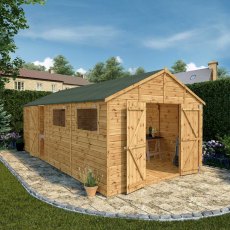 20x10 Mercia Premium Shiplap Apex Workshop - in situ, angle view, doors open