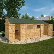 20x10 Mercia Premium Shiplap Reverse Apex Workshop - in situ, angle view, doors open
