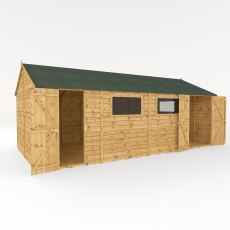 20x10 Mercia Premium Shiplap Reverse Apex Workshop - isolated with double and single doors open
