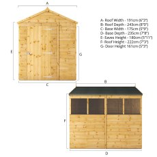 8x6 Mercia Shiplap Apex & Reverse Apex Shed - dimensions for apex style