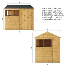 8x6 Mercia Shiplap Apex & Reverse Apex Shed - dimensions for reverse apex style