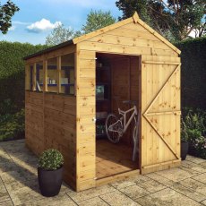 8x6 Mercia Shiplap Apex & Reverse Apex Shed - apex style insitu with door open