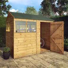 8x6 Mercia Shiplap Apex & Reverse Apex Shed - reverse apex style insitu with door open