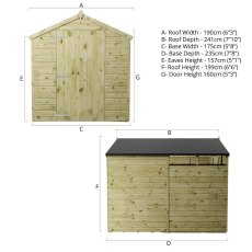 Technical dimensions diagram of Mercia 8x6 security shed front and side elevations