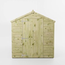 Front elevation of Mercia 8x6 security shed with single door and secure window panel