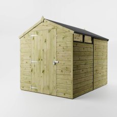 Mercia wooden 8x6 security shed front corner view with solid panel construction