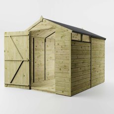 Mercia 8x6 security shed angled view with door open showing interior space