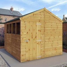 10x8 Mercia Shiplap Apex & Reverse Apex Shed - in situ, angle view, doors closed