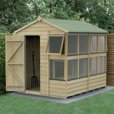 8x6 Forest Shiplap Potting Shed - Pressure Treated - in situ, angle view, doors open