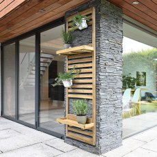 Forest Slatted Tall Wall Planter 2 Shelves - insitu acessorised with plants