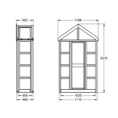 Forest Georgian Tall Wall Greenhouse with Auto Vent - rendered image with dimensions