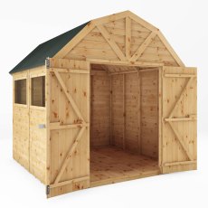 8x8 Mercia Premium Shiplap T&G Dutch Barn Shed - isolated with doors open