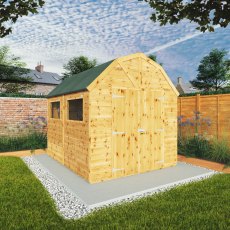 10x8 Mercia Premium Shiplap T&G Dutch Barn Shed - in situ, angle view, doors closed