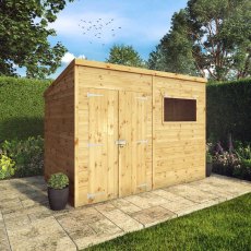 10x6 Mercia Premium Shiplap Pent Shed - in situ - angle view - doors closed