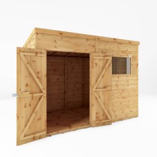10x8 Mercia Premium Shiplap T&G Pent Shed - isolated angle view - doors open