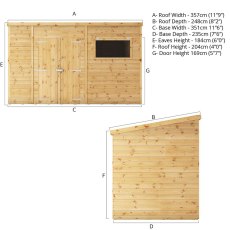 12x8 Mercia Premium Shiplap Pent Shed - dimensions