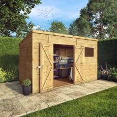 12x8 Mercia Premium Shiplap Pent Shed - insitu with doors open