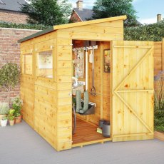 8x4 Mercia Premium Shiplap Pent Shed - in situ, angle view, doors open