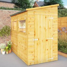 8x4 Mercia Premium Shiplap Pent Shed - in situ, angle view, doors closed