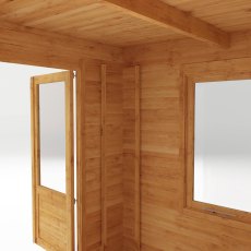 3.0mx2.5m Mercia Pent Log Cabin - 28mm Logs - internal view, doors open