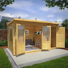 4.1m X 2.5m Mercia Pent Log Cabin With Side Shed - 28mm Logs - in situ, angle view, doors open