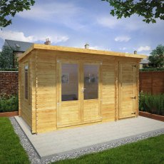 4.1m X 2.5m Mercia Pent Log Cabin With Side Shed - 28mm Logs - in situ, angle view, doors closed