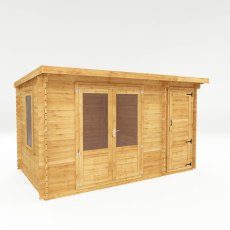 4.1m X 2.5m Mercia Pent Log Cabin With Side Shed - 28mm Logs - isolated angle view, doors closed