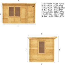 4.1m X 2.5m Mercia Pent Log Cabin With Side Shed - 28mm Logs - dimensions