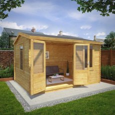 4mx3m Mercia Home Office Log Cabin (28mm To 44mm Logs) - in situ, angle view, doors open