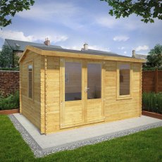 4mx3m Mercia Home Office Log Cabin (28mm To 44mm Logs) - in situ, angle view, doors closed