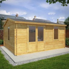 5m X 4m Mercia Home Office Elite Log Cabin (34mm To 44mm Logs) - in situ, angle view, doors closed